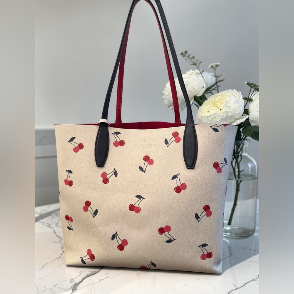 kate spade Tote and Pouch. Cherry & Ice Cream Print Reversible Red Inside NWOT - Picture 2 of 7
